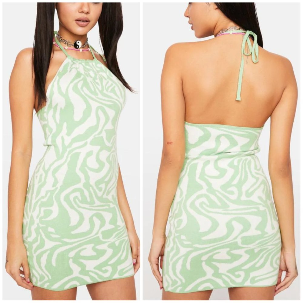 NWT Wavy Print Halter Neck Bodycon Mini Dress Green Dolls Kill Festival Vegas